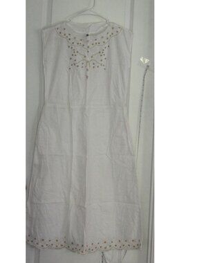 Women's White Cotton Midi Dress Embroidered Scalloped Hem (No Size)